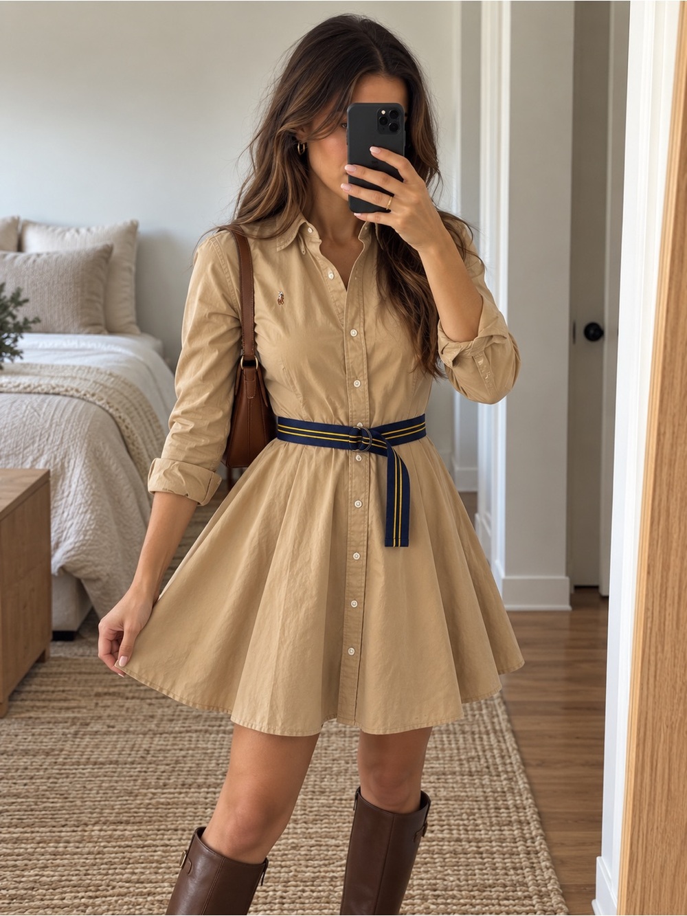 Ralph Lauren Girls 16 Tan Belted Fit Flare Oxford Shirt Dress Preppy